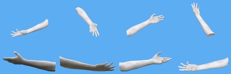 set of white concrete statue hand realistic renders isolated on blue, lights and shadows distributio
