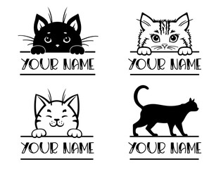 Wall Mural - peeking face cat. set of cat monogram with space for text. cat lover design. cat name sign.