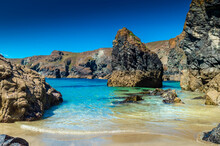 Amazing Kynance Cove Beach With Crystal Clear Water In Cornwall,  England