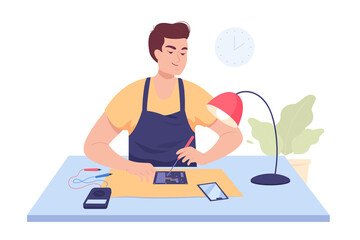 Wall Mural - Technician or engineer fixing mobile phone at table. Man repairing broken smartphone at service center flat vector illustration. Maintenance, repair service, technology concept for banner