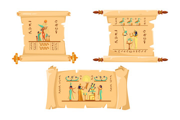 Old scrolls with Ancient Egypt history vector illustrations set. Papyrus or paper scrolls with pharaohs and hieroglyphs, Egyptian heritage on white background. Egyptology, history, mythology concept