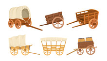 Vintage Wooden Farming Vehicles Vector Illustrations Set. .Old Western Carriages, Wheelbarrows, Carts Or Wagons From Wood With Big Wheels Isolated On White Background. Farming, Transportation Concept