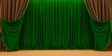 Gold And Green Red Curtain, Opera Scene Drape Backdrop, Concert Grand Opening Or Cinema Premiere Backstage, 3D Render
