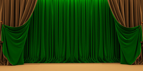 Wall Mural - gold and green red curtain, opera scene drape backdrop, concert grand opening or cinema premiere bac