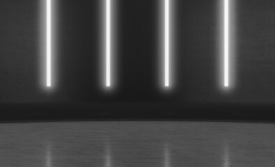 Abstract Futuristic minimal wall scene with vertical glowing neon lighting. Product display presentation empty room concept . 3D Rendering