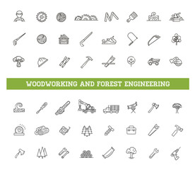 Wall Mural - Logging, sawmill line icons. Instruments for working with wood. Forest Engineering