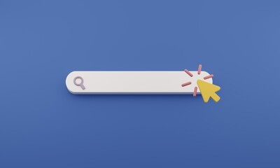 Fototapete - Search bar 3d rendering illustration for website. Navigation search for browser. Realistic 3d arrow, cursor. Yellow arrow and white search on blue background. Creative concept design in modern style.