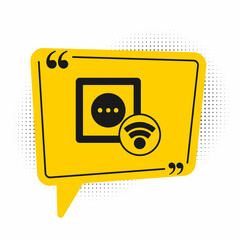 Poster - Black Smart electrical outlet system icon isolated on white background. Power socket. Internet of things concept with wireless connection. Yellow speech bubble symbol. Vector