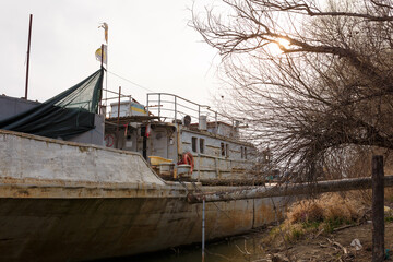 Wall Mural - Rusty old ship or boat with ukrainian flag colors at river bank