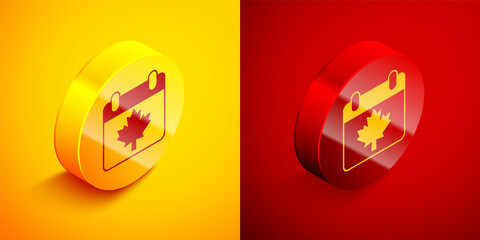 Canvas Print - Isometric Canada day with maple leaf icon isolated on orange and red background. 1-th of July Independence Day on the calendar with the Canada flag. Circle button. Vector