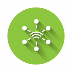 Poster - White Network icon isolated with long shadow background. Global network connection. Global technology or social network. Connecting dots and lines. Green circle button. Vector
