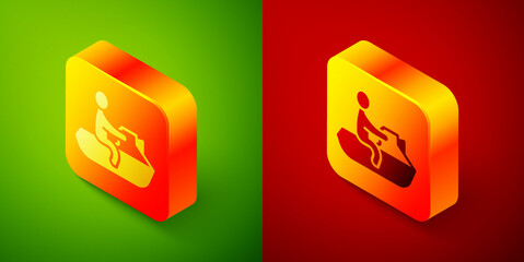 Wall Mural - Isometric Jet ski icon isolated on green and red background. Water scooter. Extreme sport. Square button. Vector