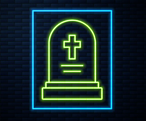 Poster - Glowing neon line Grave with tombstone icon isolated on brick wall background. Vector