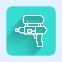 Poster - White line Water gun icon isolated with long shadow. Green square button. Vector