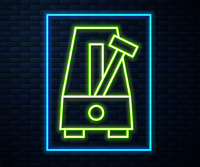 Poster - Glowing neon line Classic Metronome with pendulum in motion icon isolated on brick wall background. Equipment of music and beat mechanism. Vector