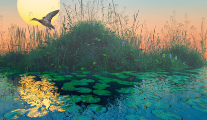 Wall Mural - beautiful landscape background flying duck on the lake setting sun