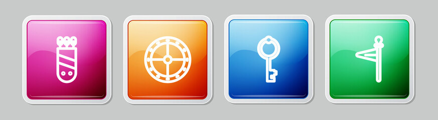 Sticker - Set line Quiver with arrows, Round wooden shield, Old key and Medieval flag. Colorful square button. Vector