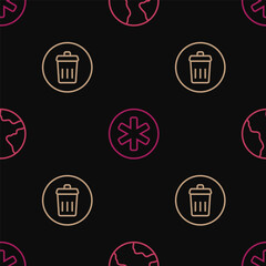 Poster - Set line Worldwide, Trash can and Medical symbol of the Emergency on seamless pattern. Vector