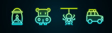 Set Line Camping Lantern, Hippo Or Hippopotamus, Spider And Car. Glowing Neon Icon. Vector