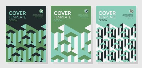 Wall Mural - Set of trendy abstract isometric 3d optical illusion geometric shapes cover design. 