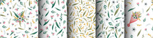 Set Of Seamless Patterns Of Wild Flowers On White Background. Texture For Paper, Textiles, Wallpaper, Etc.