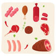 Set of different kinds of meat.Textured vector illustration