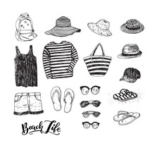 Set Of Hand Drawn Illustrations Of Summer Beach Clothing And Accessories. Sketch Style Sunglasses, Flip Flops, Bag, Straw Hats, Shorts, Beachwear.