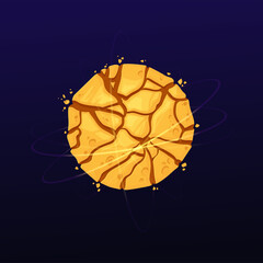 Poster - Cartoon cracked space planet, vector galaxy globe with broken yellow surface. Cosmic sphere in far universe, Ui game object, fantasy comet, meteor, isolated destroyed astronomy object with orbits
