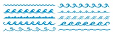 Sea And Ocean Surf Wave Lines, Blue Water Borders And Frame, Vector Pattern. Wave Frame Borders And Wavy Line Separators With Tide Ripples, Zigzag Curves And Curls, Linear Boarders And Frames