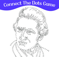 connect the dots, draw game, kids puzzle work sheet, famous people vector