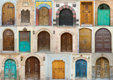 Collage Of Beautiful Wooden, Colourful And Antic Doors Doors Collection Of Cappadocia, Turkey. Collected From Urgup And Goreme  Cities Of Nevsehir.