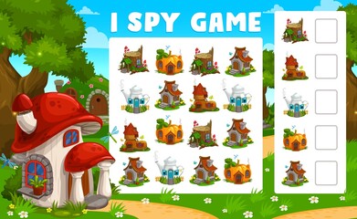Poster - I spy game worksheet. Cartoon fairy houses and dwellings. Child math game, counting quiz or vector kids educational puzzle with stump, pumpkin and teapot, boot fantasy homes, elf or garden gnome huts