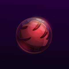 Poster - Cartoon mysterious red space planet. Vector galaxy glowing globe with transparent shell. Shining sphere in universe. Ui game object, fantasy meteor, isolated astronomy object in deep space