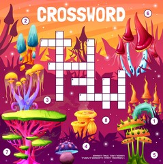 Aufkleber - Magic fairytale mushrooms on alien planet. Crossword grid, find a word quiz game or vector logical puzzle. kids educational playing activity with words searching task with fantasy alien mushrooms