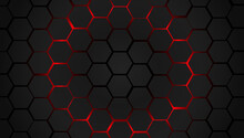 Abstract Black Hexagon Pattern Background With Red Light. Modern Luxury Futuristic Background. EPS10 Vector.
