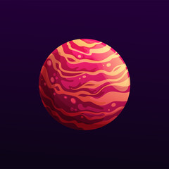 Poster - Mysterious red space planet with stripes. Vector galaxy striped globe cartoon star. Shining sphere in universe, ui game object, fantasy comet, meteor, isolated astronomy object in deep space