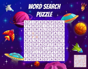 Poster - Word search puzzle game worksheet, cartoon space planets, ufo and starships kids quiz grid. Vector crossword with alien saucer, spaceship, rocket, spacecraft in galaxy universe. Educational words task
