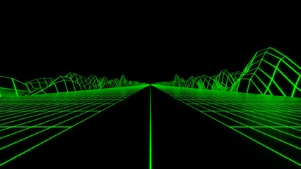 Poster - Retro futuristic synthwave grid background with hills on a black endless space. Design. Fast drive with a road and grid.