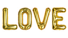 Love. Symbol Of Love. English Alphabet Letters. Letters L O V E. Balloon. Yellow Gold Foil Helium Balloon. Word Good For Party, Birthday, Greeting Card, Events, Advertising. Isolated White Background
