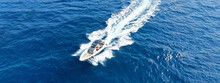 Aerial Drone Photo Of  Luxury Inflatable Rib Speed Boat Cruising In Mediterranean Deep Blue Sea