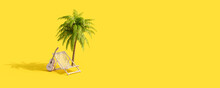 Beach Chair And Guitar Under A Palm Tree On Yellow Background. Creative Summer Vacation Concept Idea 3D Render 3D Illustration