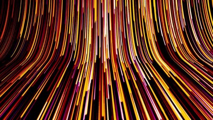 Poster - Beautiful cyber slide of lines. Motion. Curved flow of colorful stripes. Bright stripes move in stream with bend on black background