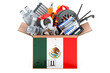 Mexican flag painted on the parcel with car parts. 3D rendering