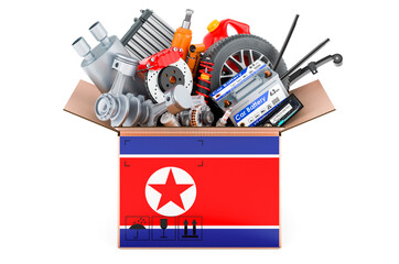 Poster - north korean flag painted on the parcel with car parts. 3d rendering