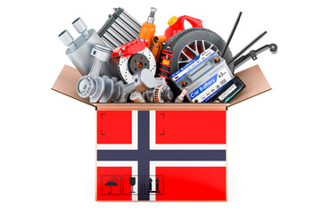 Poster - norwegian flag painted on the parcel with car parts. 3d rendering