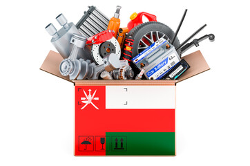 Poster - omani flag painted on the parcel with car parts. 3d rendering