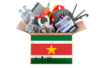 Poster - surinamese flag painted on the parcel with car parts. 3d rendering