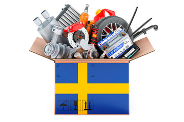 Poster - swedish flag painted on the parcel with car parts. 3d rendering