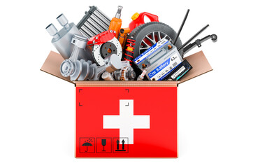 Poster - swiss flag painted on the parcel with car parts. 3d rendering