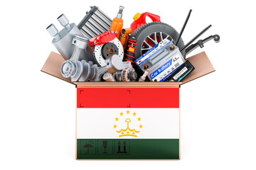 Poster - tajik flag painted on the parcel with car parts. 3d rendering